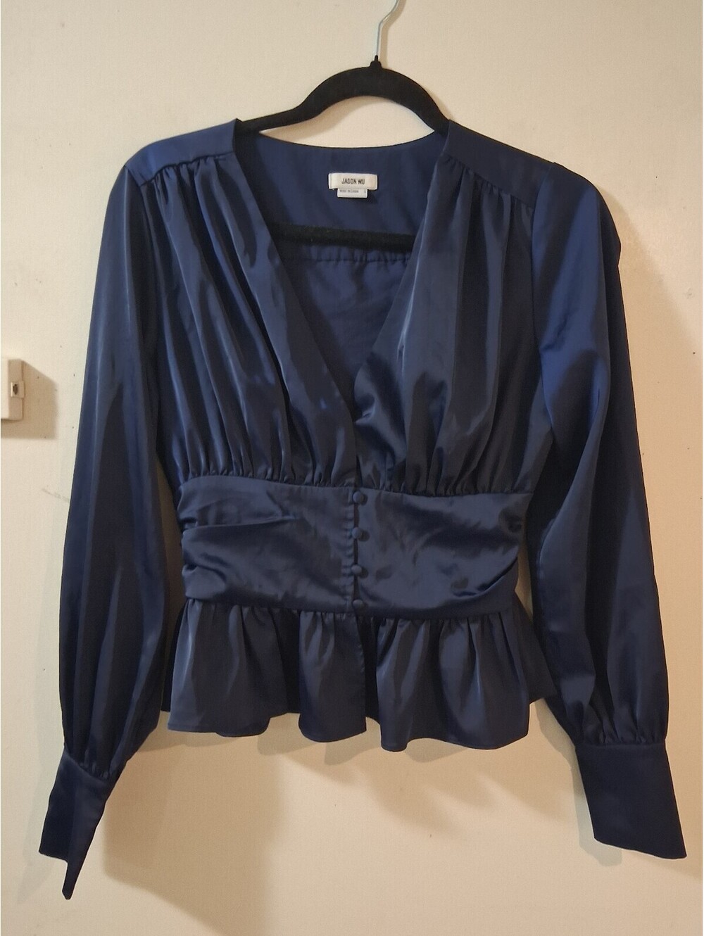 Jason Wu Navy Blue Satin Peplum Blouse Size S